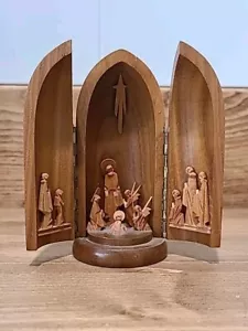 Vtg Wood Hand Carved Religious Nativity Germany Bullet Mini Triptych 3.5 Inches - Picture 1 of 14