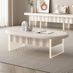 GUYII Cream White Cofee Table Arcylic Leg LED Light Oval Shape Center Table