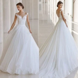 Elegant A-Line Wedding Dresses Scoop Neck Cap Sleeves Lace Applique Bridal Gowns - Picture 1 of 7