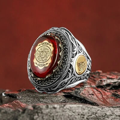 Anillo de hombre de plata de ley 925 con diseño de sello de Salomón en piedra roja Foto 1 de 3