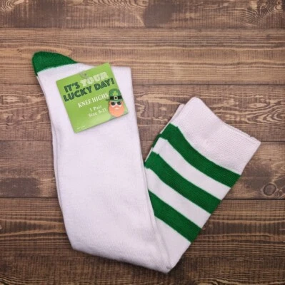 Носки на коленях - День Святого Патрика - белые с зелеными полосками - Изображение 1 из 3