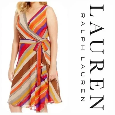 Vestido envolvente Lauren Ralph Lauren de gasa sin mangas a rayas multicolor para mujer 22W Foto 1 de 4