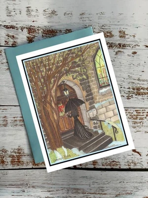Woman entering a church from the back door, peaceful holiday card, notecard #483 - Image 1 of 2