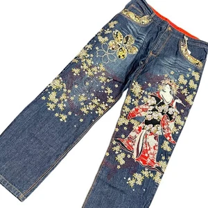 Unused Kacho Fugetsu Denim Jeans Pants Oiran Sakura Embroidered Blue Big Size 40 - Picture 1 of 13