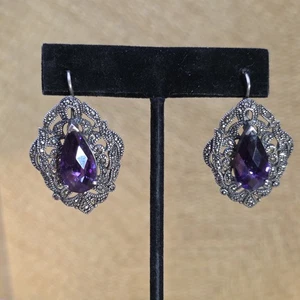 Sterling Silver 925 Marcasite w/ Oval Amethyst Purple Post Dangle Earrings - Picture 1 of 9