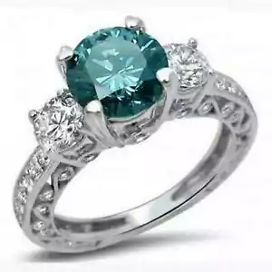 2Ct Lab Created Blue Diamond Three-Stone Engagement Ring 14k White Gold Plated - Picture 1 of 3