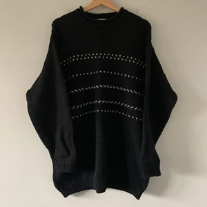 Vtg 100% Wool Sweater Mens M Fisherman Oversized Roll Neck Black 90s Jumper - Picture 1 of 12