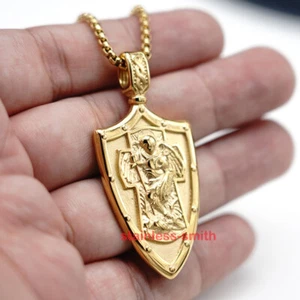 Gold St Saint Michael Archangel Medal Medallion Pendant Necklace Stainless Steel - Picture 1 of 5