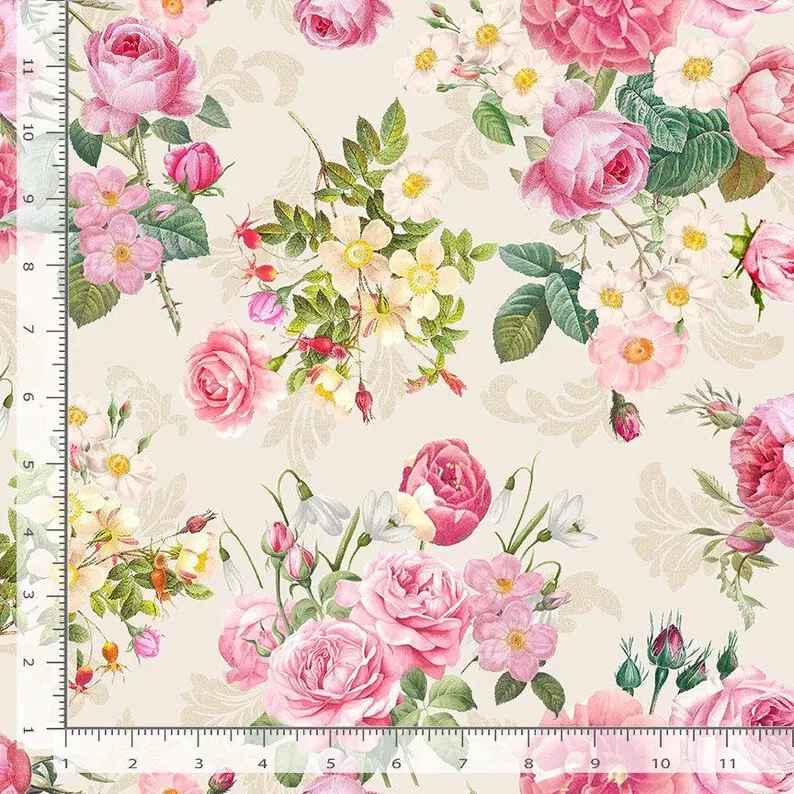 Rose Bouquet Floral Fabric Crm Belle Fleur CD3001 Cotton Timeless Treasures Yard - Image 1 of 1