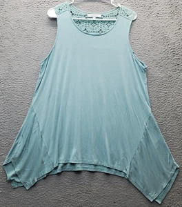 Company Ellen Tracy Tunic Top Womens Large Green Rayon Back Lace Shark Bite Hem - Picture 1 of 7