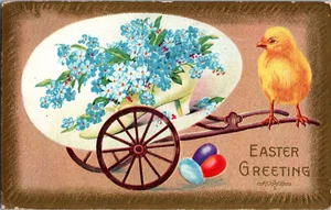 Vintage Easter Postcard Baby Chick Wagon Eggs Flowers Embossed - Picture 1 of 2