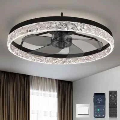 VITARVIX 20in. Indoor Black Crystal Ceiling Fan+Light+Remote+Flush Mount LED Fan - Image 1 of 4