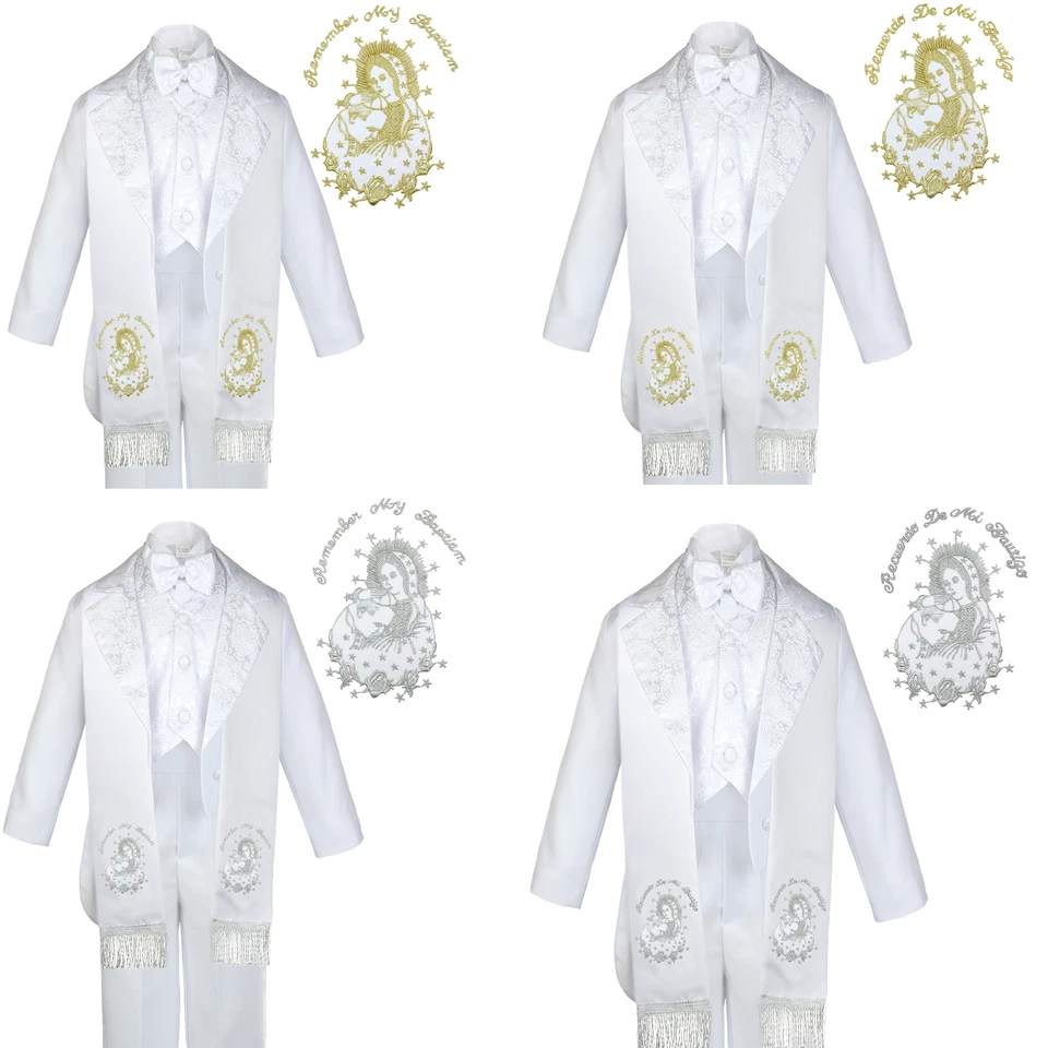 6pc Baptism White Tuxedo English Spanish Silver Gold Pope Virgin Mary Stole - Image 1 of 1