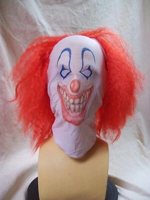 Creepy Clown Face Costume Mask w Red Wig Evil Circus Big Top Horror Pennywise It - Image 1 of 4