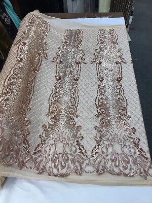 ROSE GOLD SHINY SEQUIN DAMASK DESIGN EMBROIDERY ON A 4 WAY STRETCH MESH-1 YARD. - Image 1 of 4