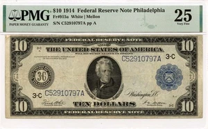 1914 $10 Federal Reserve Note Philadelphia PA Fr# 915a PMG VF25 - Picture 1 of 2
