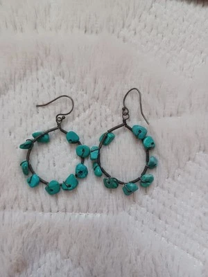 Vintage Sterling Silver 925 Wire Wrapped Hoop Earrings With Turquoise Stones - Image 1 of 4