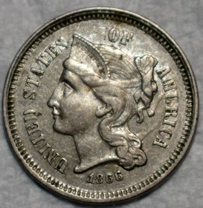 About Uncirculated 1866 Nickel Three Cent Piece, Lustrous & Lightly Circulated. - Picture 1 of 2