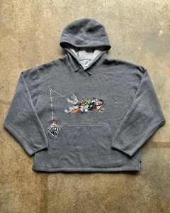 Vintage 1999 Warner Brothers Looney Tunes Embroidered Hoodie Adult XL Gray - Picture 1 of 12