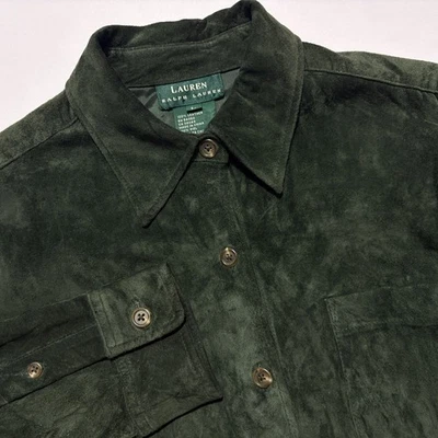 Lauren Ralph Lauren Shirt Suede 100% Leather Button Up Pocket Green Womens Large - Image 1 of 4