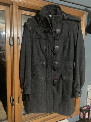 Abrigo Coogi Herringbone Tweed Mujer Grande Negro Gris Mezcla de Lana Imitación Piel Capucha Foto 1 de 3