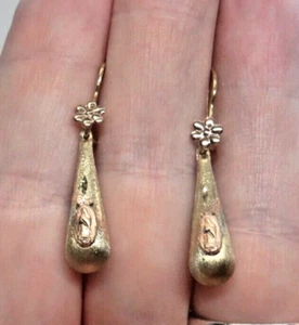 L@@K Real 14K Multi-color Gold Teardrop DANGLING Earrings religious diamond-cut - Picture 1 of 11