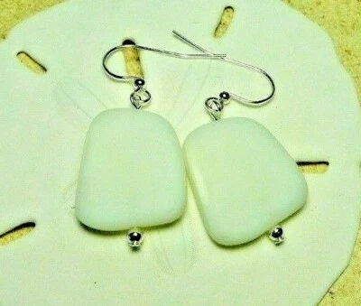 OPAQUE WHITE Cultured sea glass Handmade with silver drop earrings - Image 1 of 2
