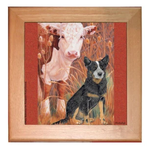 Australian Cattle Dog Kitchen Ceramic Trivet Framed in Pine 8" x 8" - Picture 1 of 1
