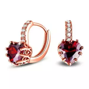 ROSE GOLD FINISH Red Ruby Love Heart Lever Back Drop Created Diamond Earrings - Picture 1 of 3