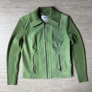 Vintage Y2K Suede Leather Jacket Knit Sleeves Moto High Neck PL Live A Little - Picture 1 of 8