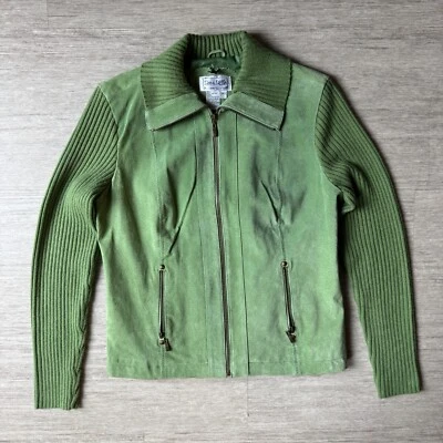 Vintage Y2K Suede Leather Jacket Knit Sleeves Moto High Neck PL Live A Little - Image 1 of 4