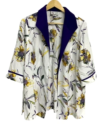 Cárdigan abierto vintage Maggie Sweet manga 3/4 blanco púrpura floral talla PL Foto 1 de 4