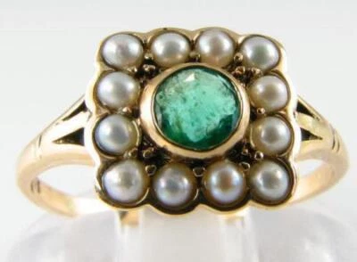 DELICADO ANILLO DE ORO 9K 9CT ESMERALDA CON RACIMO DE PERLAS HALO ART DECO INS TAMAÑO GRATUITO Foto 1 de 4
