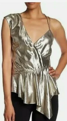 Nicole Miller Artelier Top 金色金属 Cupro 不对称背心全新带标签 NYE 女式 M — 第 1/4 张图片