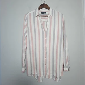 Tahari Womens XL Linen Blend Tunic Shirt Striped Roll Tab Sleeve V Neck Top - Picture 1 of 9