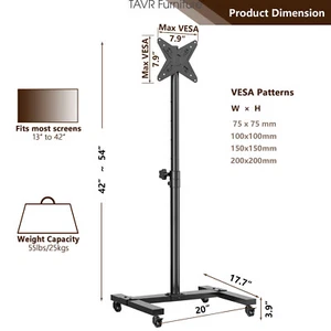 Black Mobile TV Cart/Stand for 13-42 inch Flat Screen or Curved TVs - Picture 1 of 13