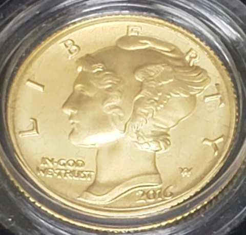 2016-W 1/10oz 24k Gold Mercury Dime Centennial in OGP with COA Included Cover