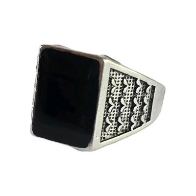 JUEGO BISEL CUADRADO ÓNIX NEGRO HOMBRE CALIDAD TITANIO PLATA ANILLO NUEVO TALLA 10 Foto 1 de 4