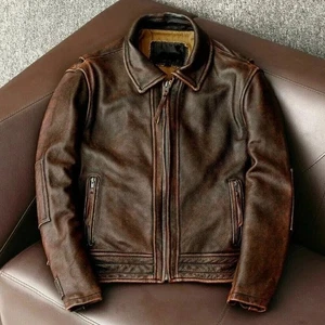 Men's Distressed Brown Vintage Inspired Cafe Racer Biker Leather Jacket - Picture 1 of 5