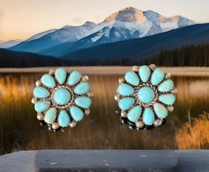 NAVAJO SIGNED STERLING SILVER TURQUOISE CLUSTER FLOWER EARRINGS NATIVE AMERICAN - Picture 1 of 11