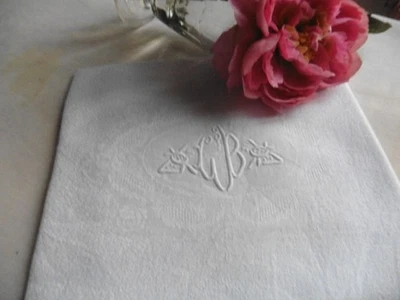 12 ANCIENNES SERVIETTES DE TABLE DAMASSE LIN BLANC"CB"OURLETS JOURS 63X70 CM - Photo 1/4