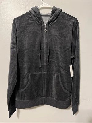 Nuevo con etiquetas New York & Co Mujer Talla XL Gris Oscuro Terciopelo Cremallera Completa Bolsillos con Capucha Foto 1 de 4