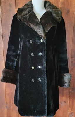 Vintage Borgazia Large Faux Fur Coat Black Brown Cuffs Collar Mid Century Glam - Image 1 of 4