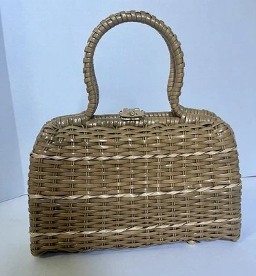 复古柳条编织篮子钱包天然棕褐色草编托特包小屋核心带把手 — 第 1/4 张图片