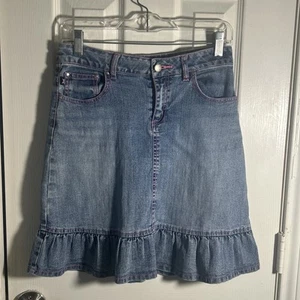 Vintage Y2K Denim Skirt Bubblegum Pink Embroidery Stitch Knee SIze 14 - Picture 1 of 5