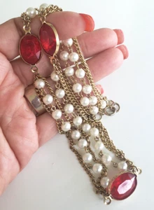 Vintage rot Acryl offene Einfassung Kristall Fx Perle goldfarben Halsband Halskette 17,75" - Bild 1 von 4