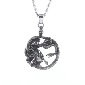 Stainless Steel Greek Medusa Gorgon Snake Head Pendant Medallion Necklace - Picture 1 of 6