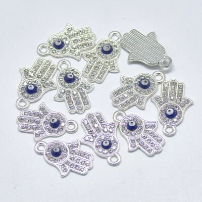 QWYRKY CRAFTS Enamel Charms Hamsa Hand With Rhinestones Silver Base 21mm x 15mm 10pcs E230