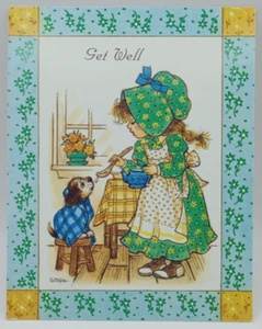 Vintage Get Well Grußkarte Haube Mädchen & Welpe Hauben Segen Schrift - Bild 1 von 3