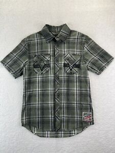 Affliction Black Premium Shirt Mens Medium Embroidered Button Up Plaid Buckle